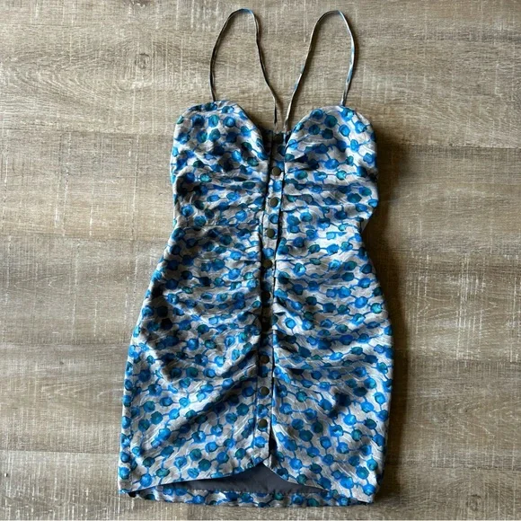 RACHEL COMEY 100% Silk Ruched Y2K Mini Dress sz S Snap Front Spaghetti Strap - Picture 1 of 15